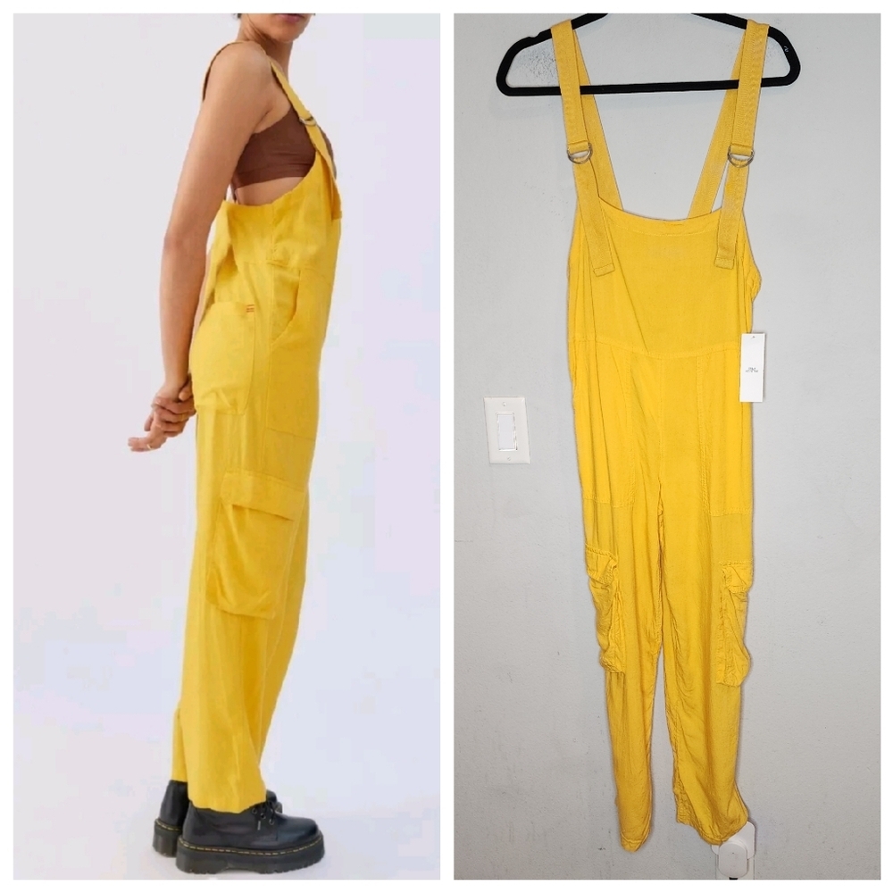 NWT BDG Urban Outiftters Linen Viscose Yellow Tilly Utility Cargo Overalls XS